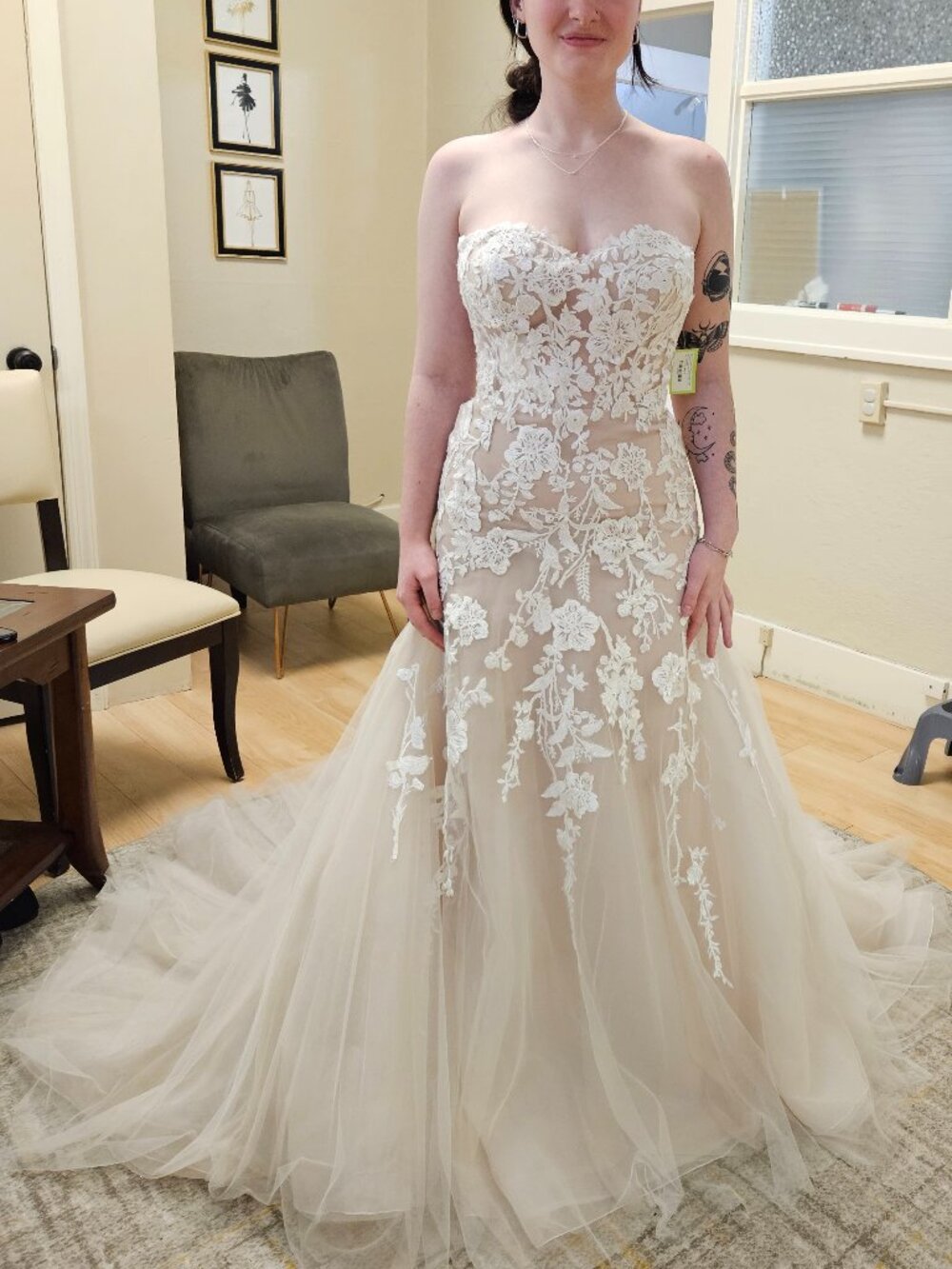 Size 8 ivory on nude strapless lace applique fit & flare bridal gown by Modeca